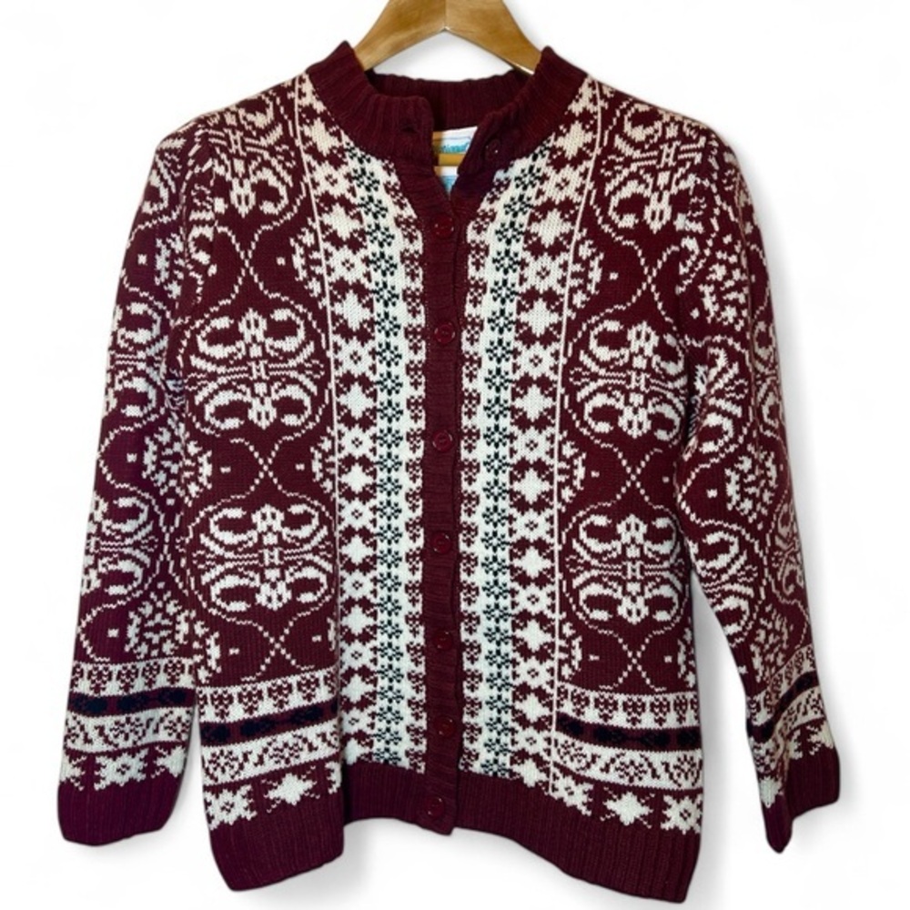 Vintage National Women S Red Wine Fair Isle Style Long Sleeve Button Cardigan‎